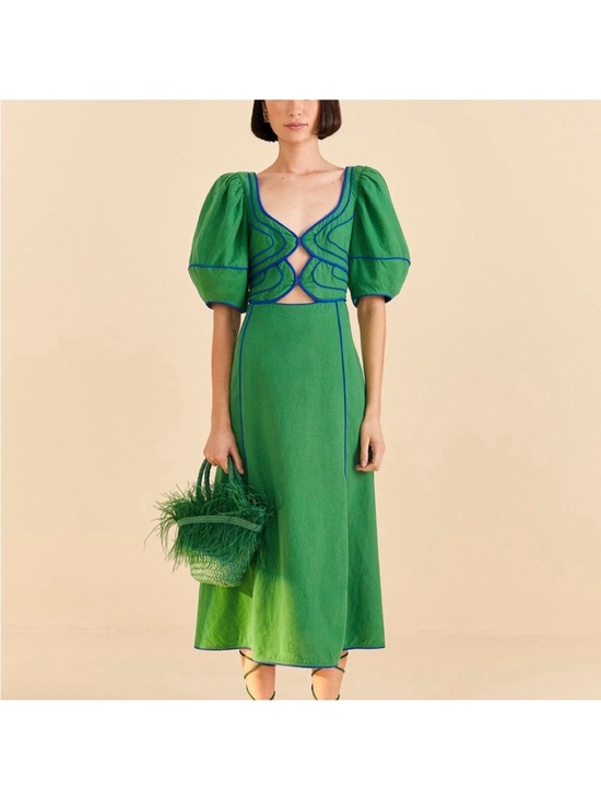 FARM Rio Dresses & Skirts - FARM Rio Green Midi Dress with Blue Piping & Puff Sleeves